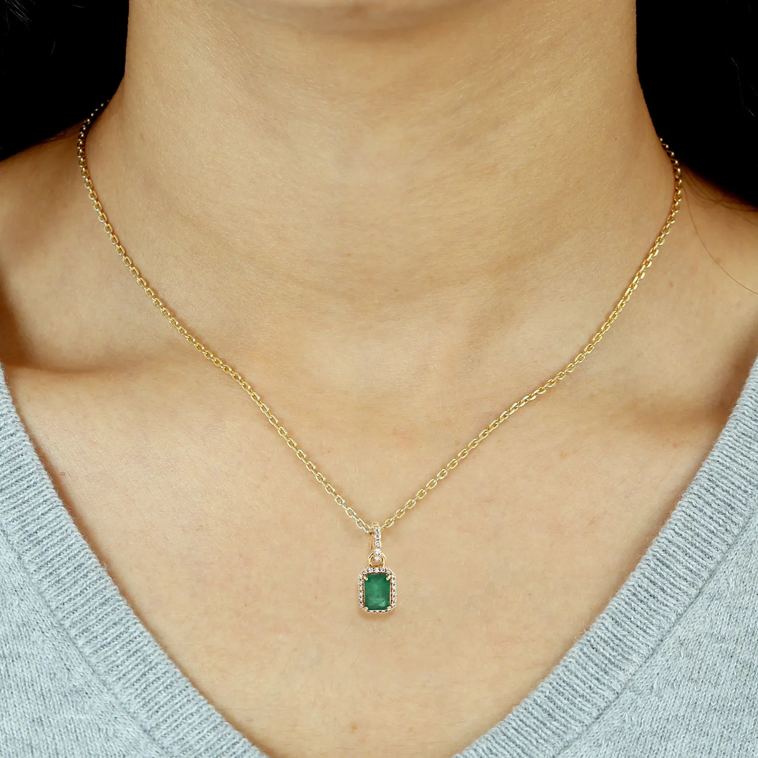 Yellow Gold Octagon Cut Emerald Pave Diamond Charm Pendant Jewelry