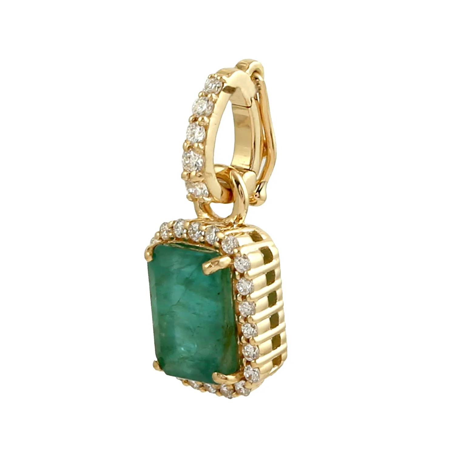 Yellow Gold Octagon Cut Emerald Pave Diamond Charm Pendant Jewelry