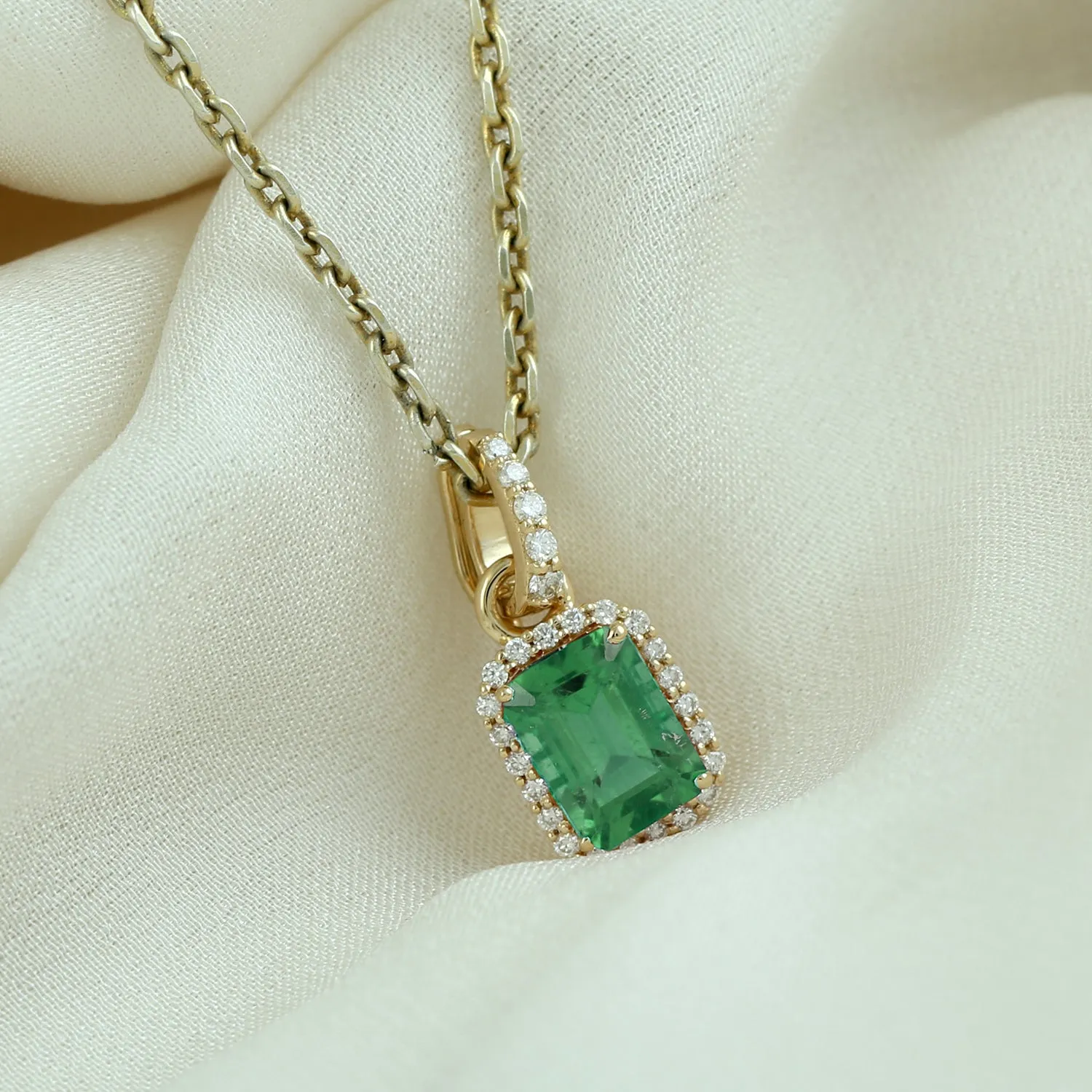 Yellow Gold Octagon Cut Emerald Pave Diamond Charm Pendant Jewelry