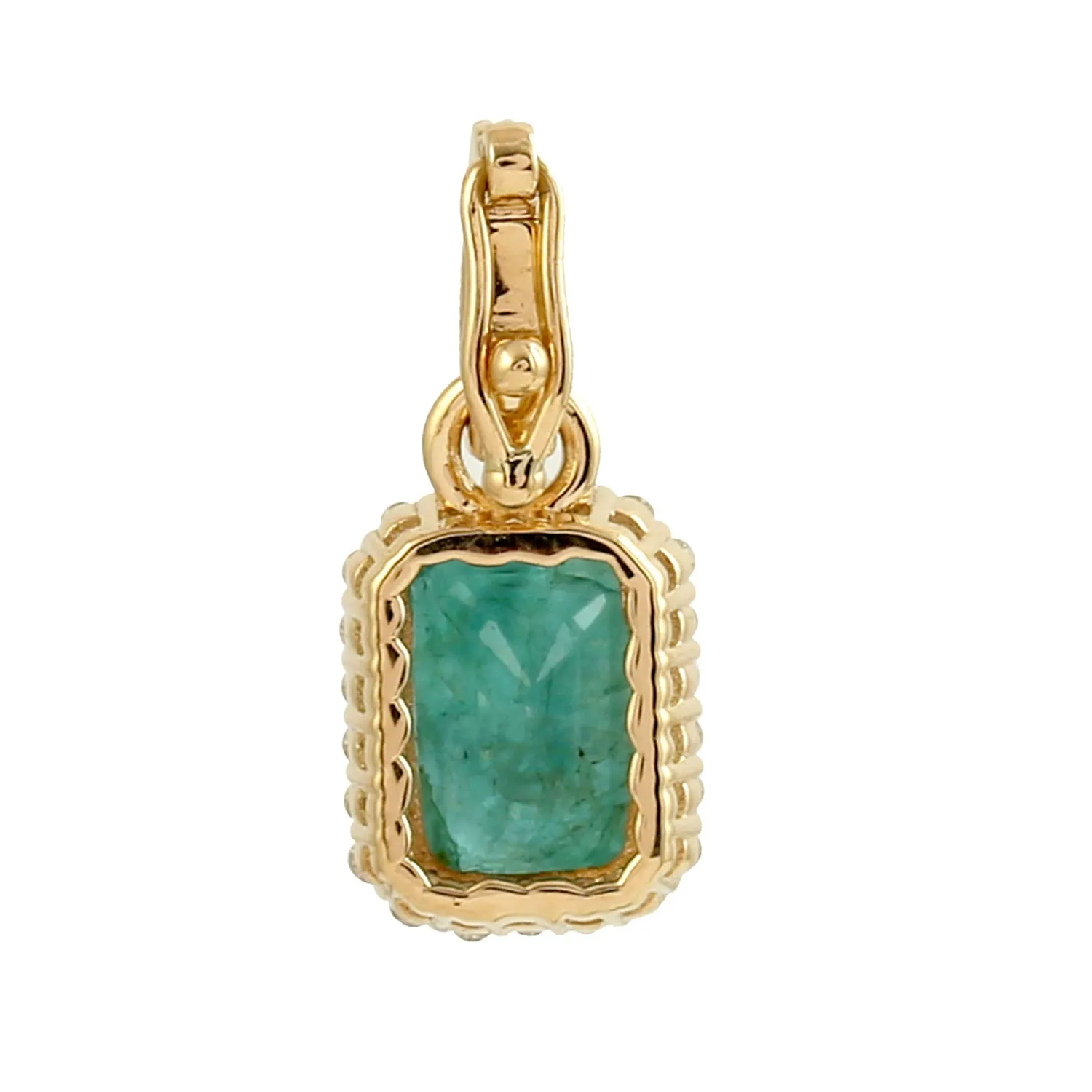 Yellow Gold Octagon Cut Emerald Pave Diamond Charm Pendant Jewelry