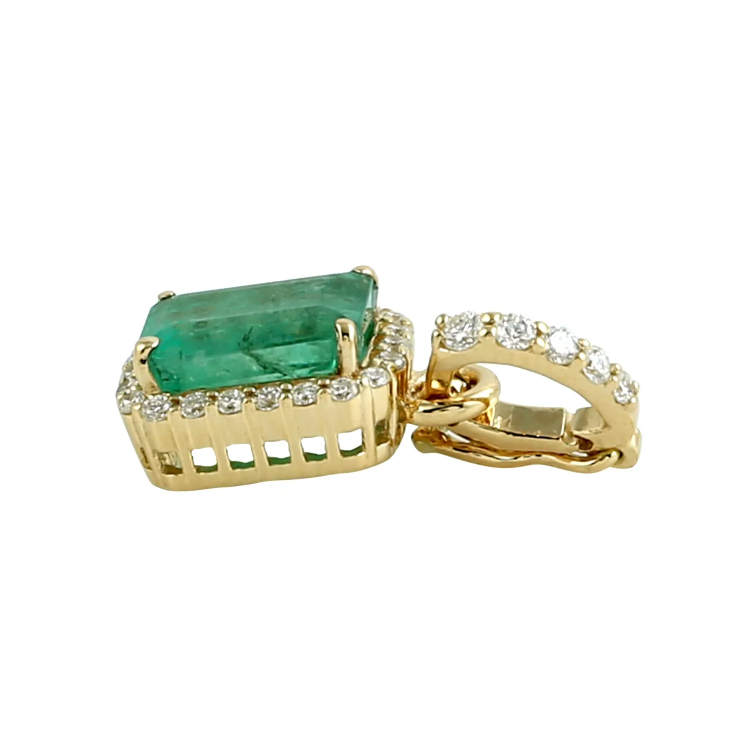 Yellow Gold Octagon Cut Emerald Pave Diamond Charm Pendant Jewelry