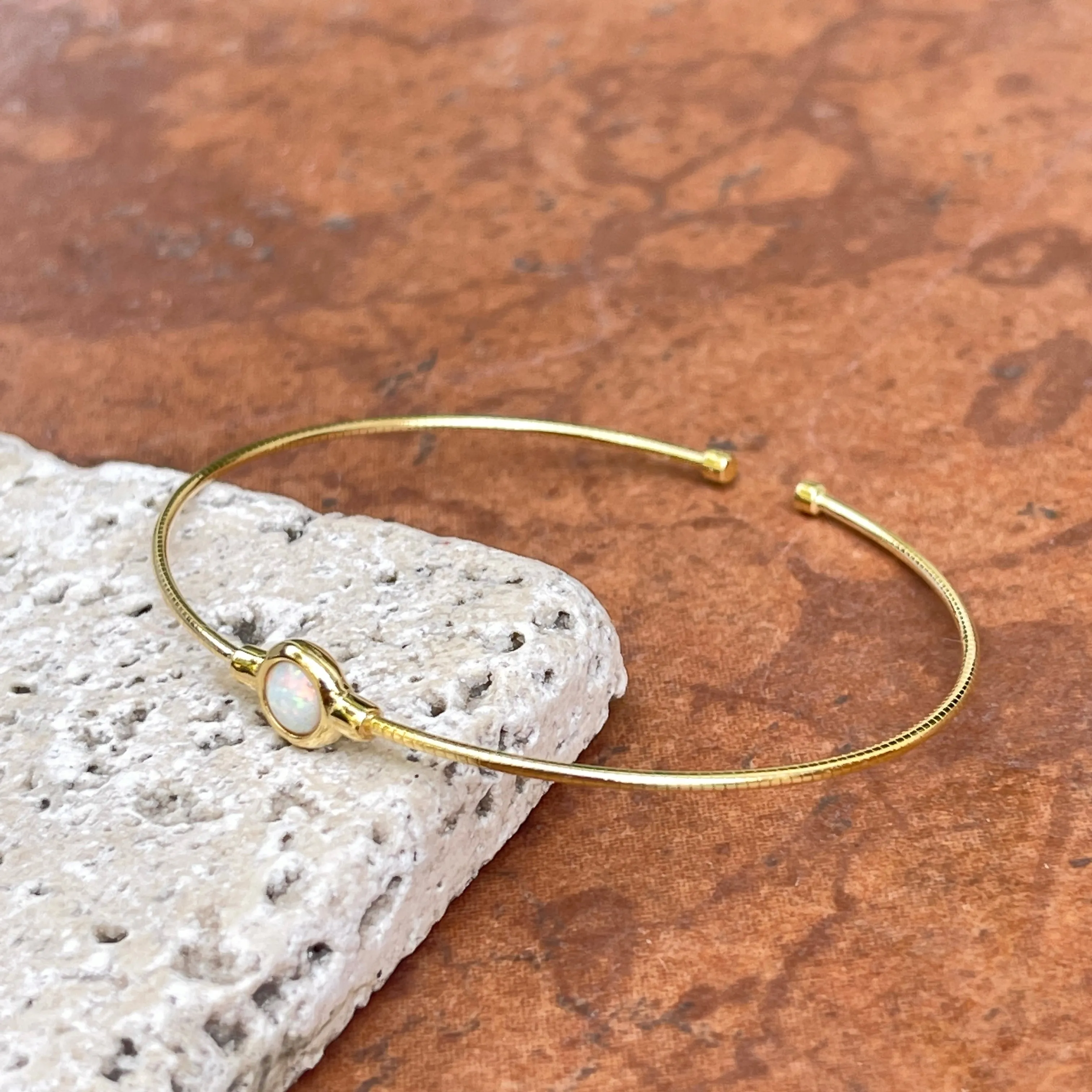 Yellow Gold Plated Lab Round Opal Thin Bangle Cuff Bracelet