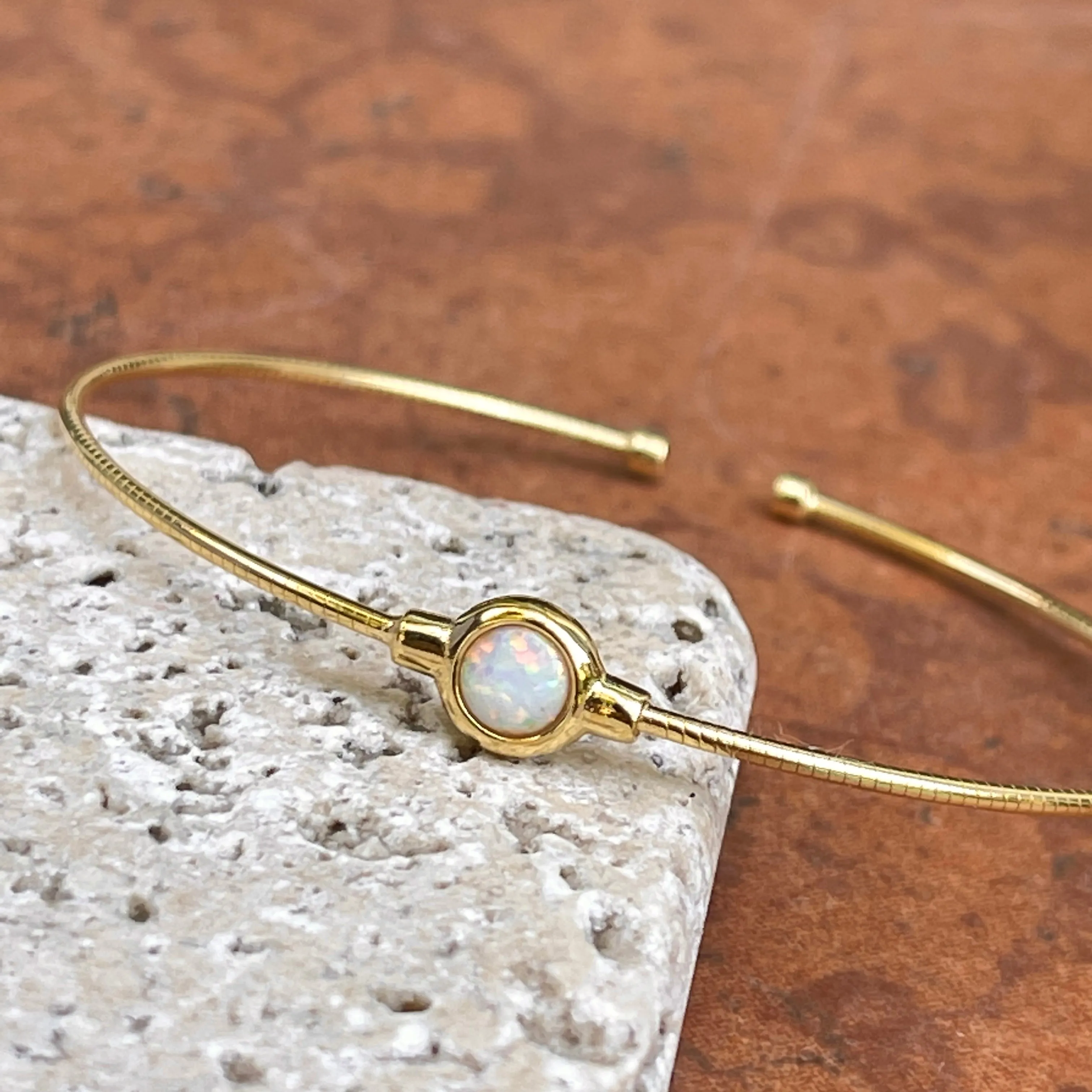 Yellow Gold Plated Lab Round Opal Thin Bangle Cuff Bracelet