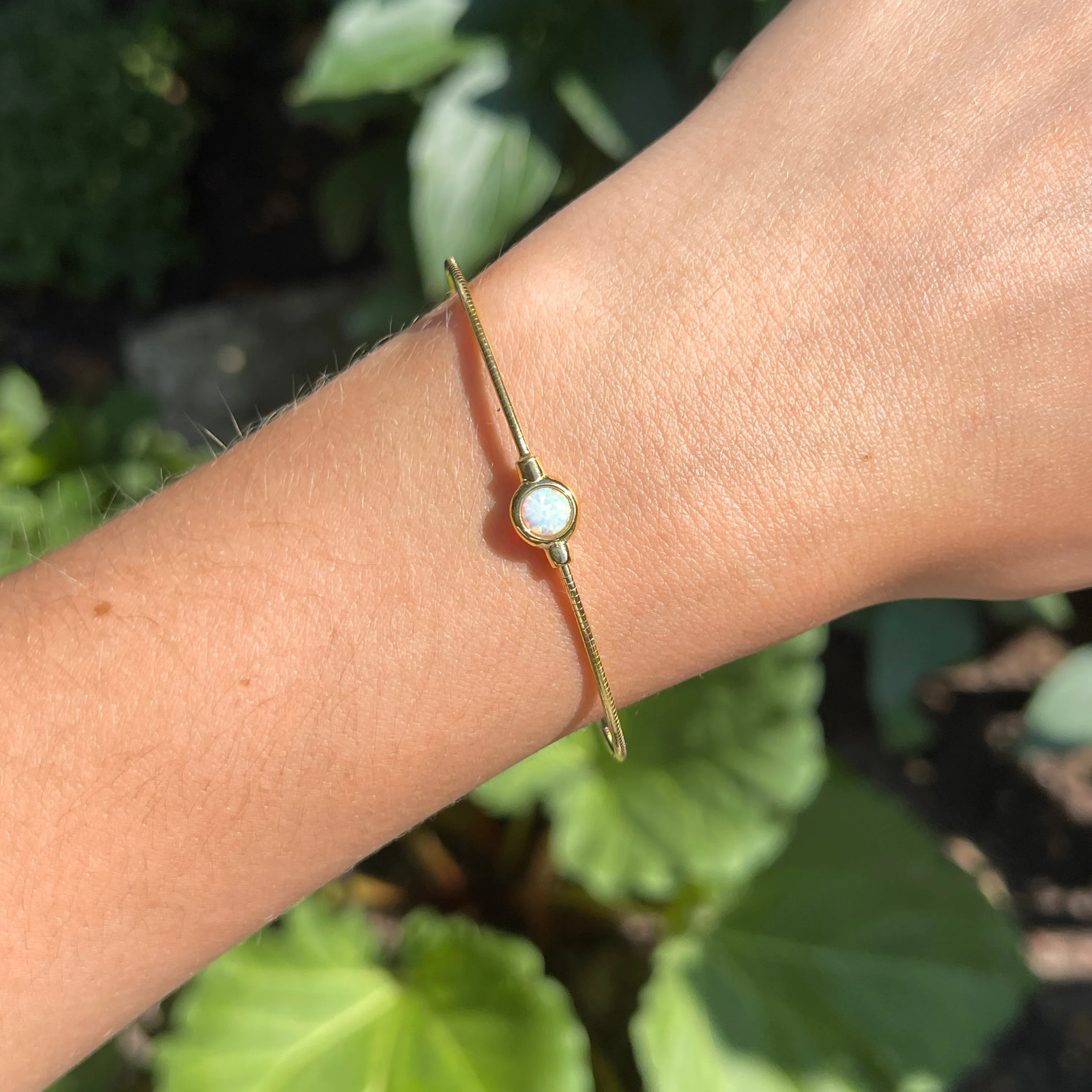 Yellow Gold Plated Lab Round Opal Thin Bangle Cuff Bracelet