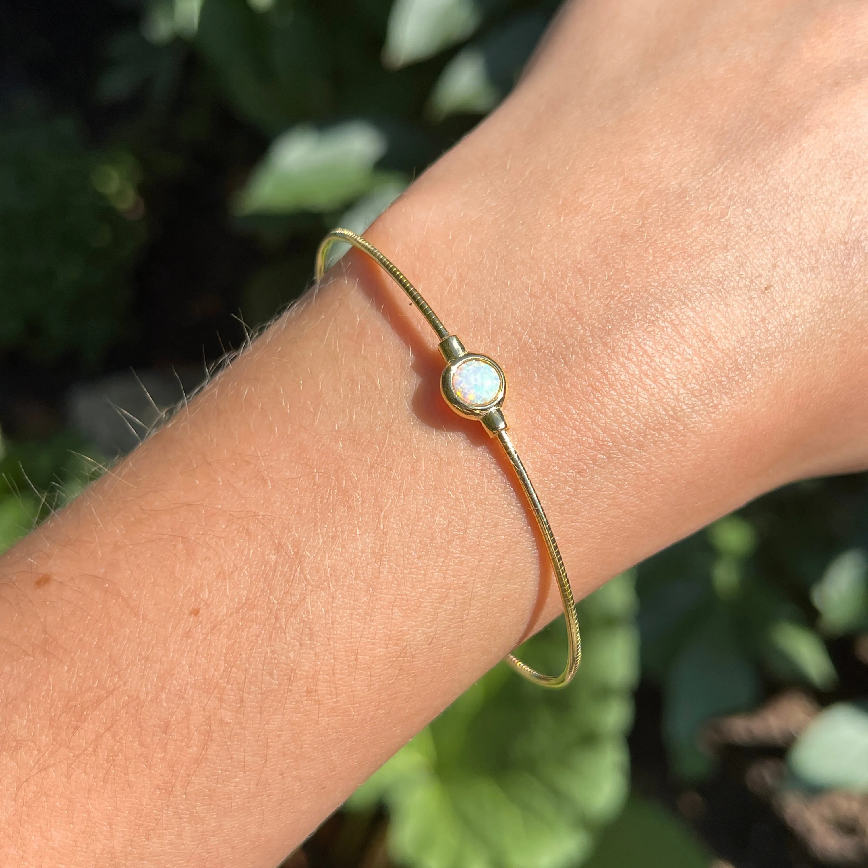 Yellow Gold Plated Lab Round Opal Thin Bangle Cuff Bracelet