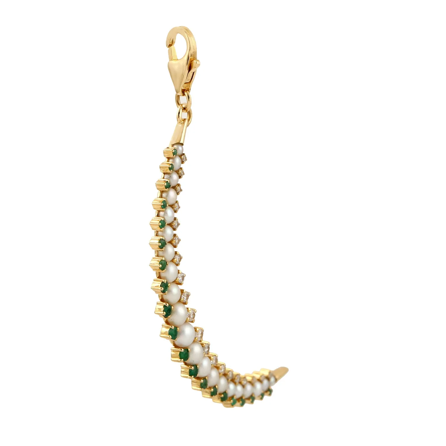 Yellow Gold Prong Diamond Pearls Emerald Beautiful Crescent Moon Pendant For Women