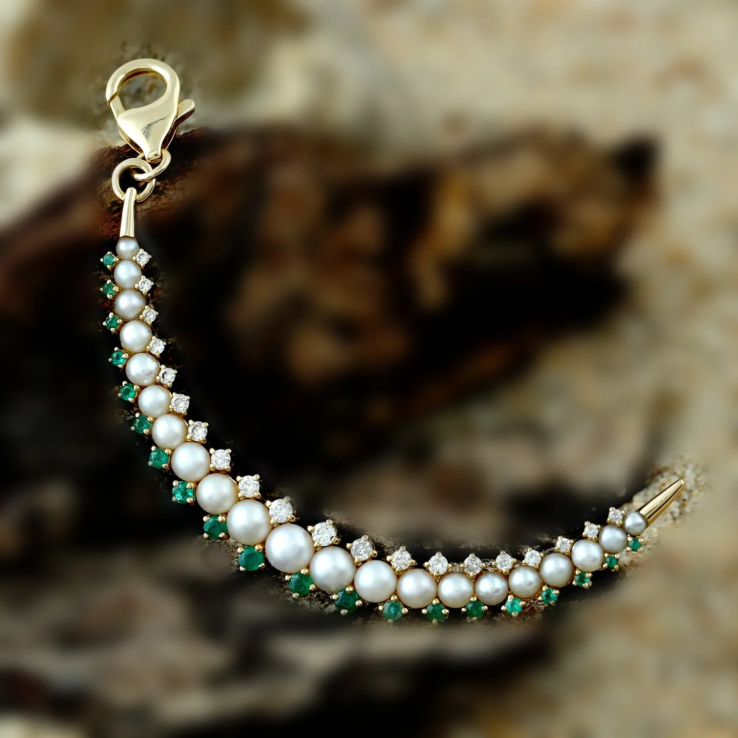 Yellow Gold Prong Diamond Pearls Emerald Beautiful Crescent Moon Pendant For Women