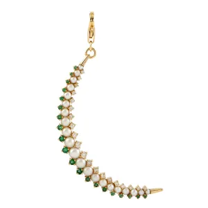 Yellow Gold Prong Diamond Pearls Emerald Beautiful Crescent Moon Pendant For Women