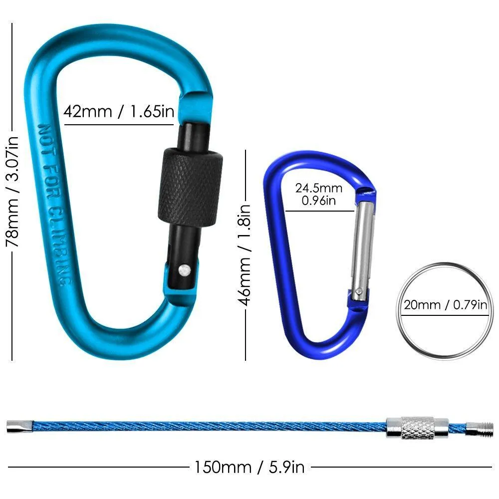 YuCool 10 Pack Aluminum D-Ring Carabiners, D Shape Keychain Clips Hook Spring-Loaded for Camping Hiking Fishing, with 10 Stainless Steel Wire Keychains, 10 Key Rings - Multi-Color