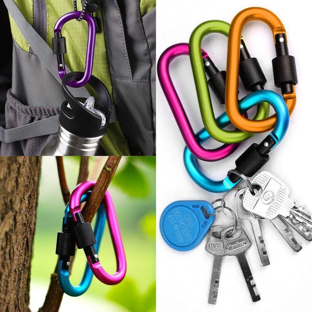 YuCool 10 Pack Aluminum D-Ring Carabiners, D Shape Keychain Clips Hook Spring-Loaded for Camping Hiking Fishing, with 10 Stainless Steel Wire Keychains, 10 Key Rings - Multi-Color