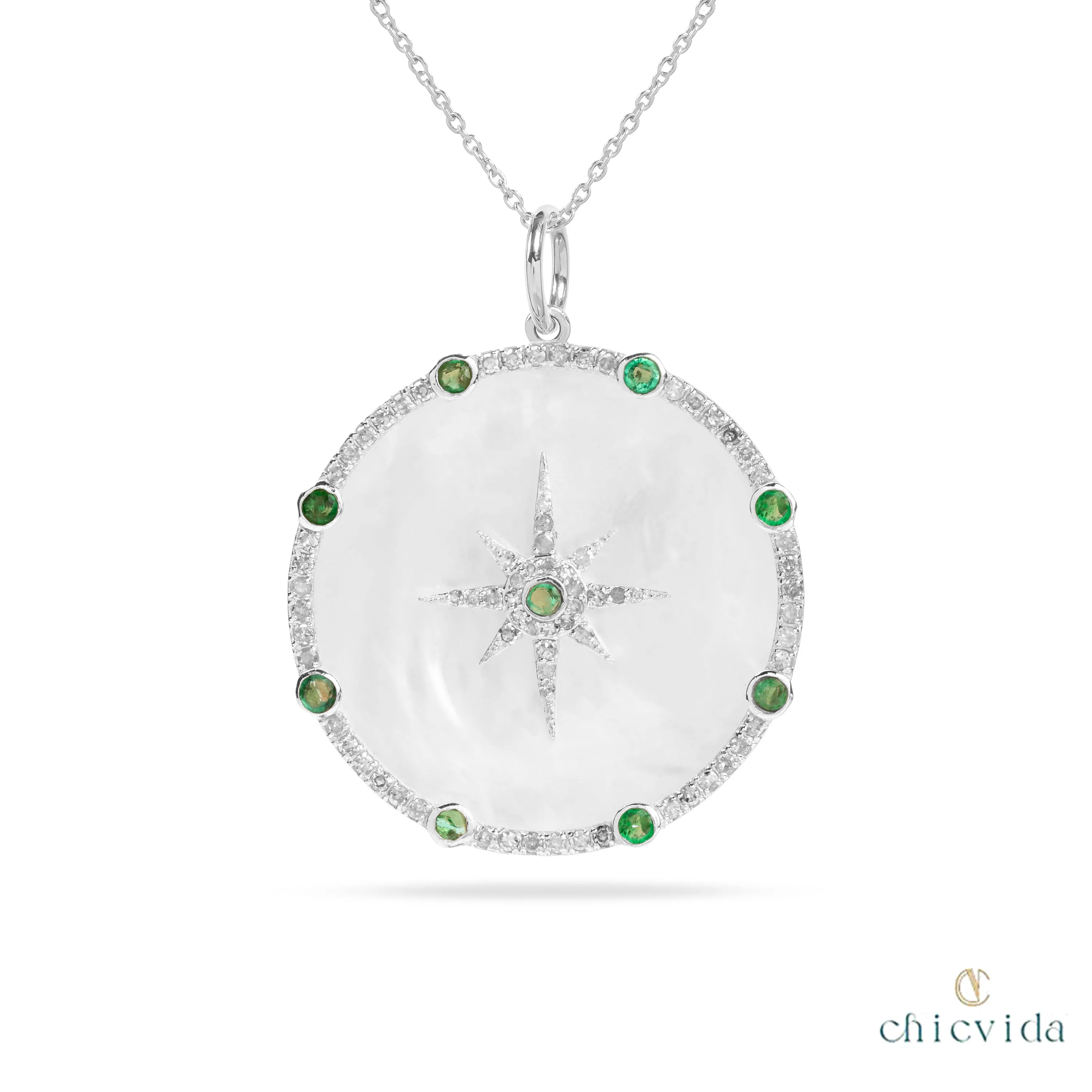 Zizz Emerald & Diamond Halo Pendant with MOP
