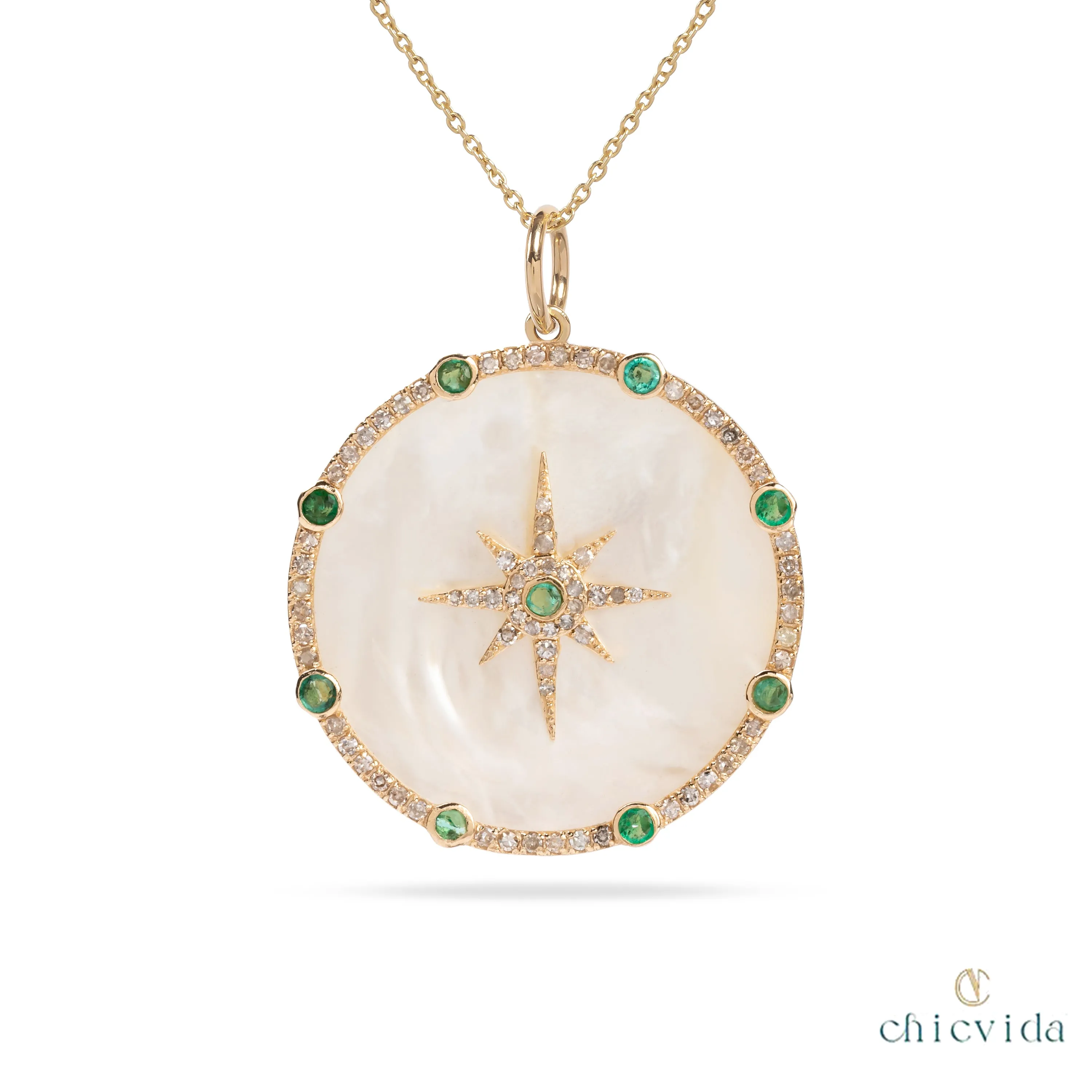 Zizz Emerald & Diamond Halo Pendant with MOP