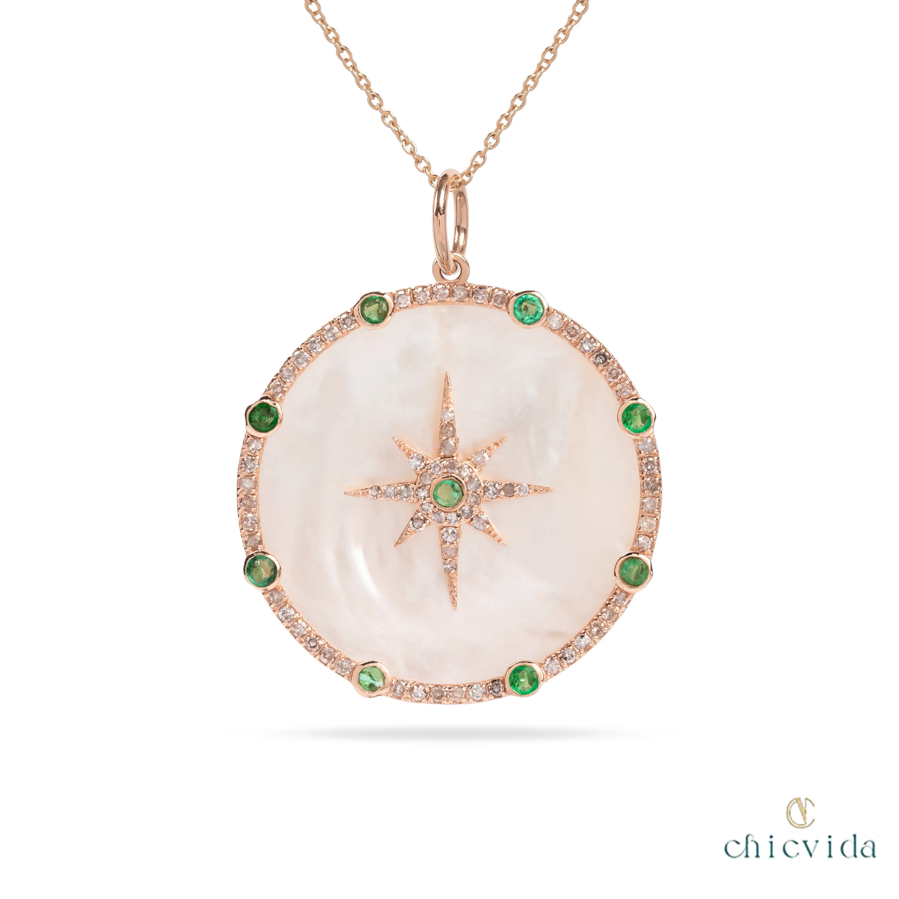 Zizz Emerald & Diamond Halo Pendant with MOP