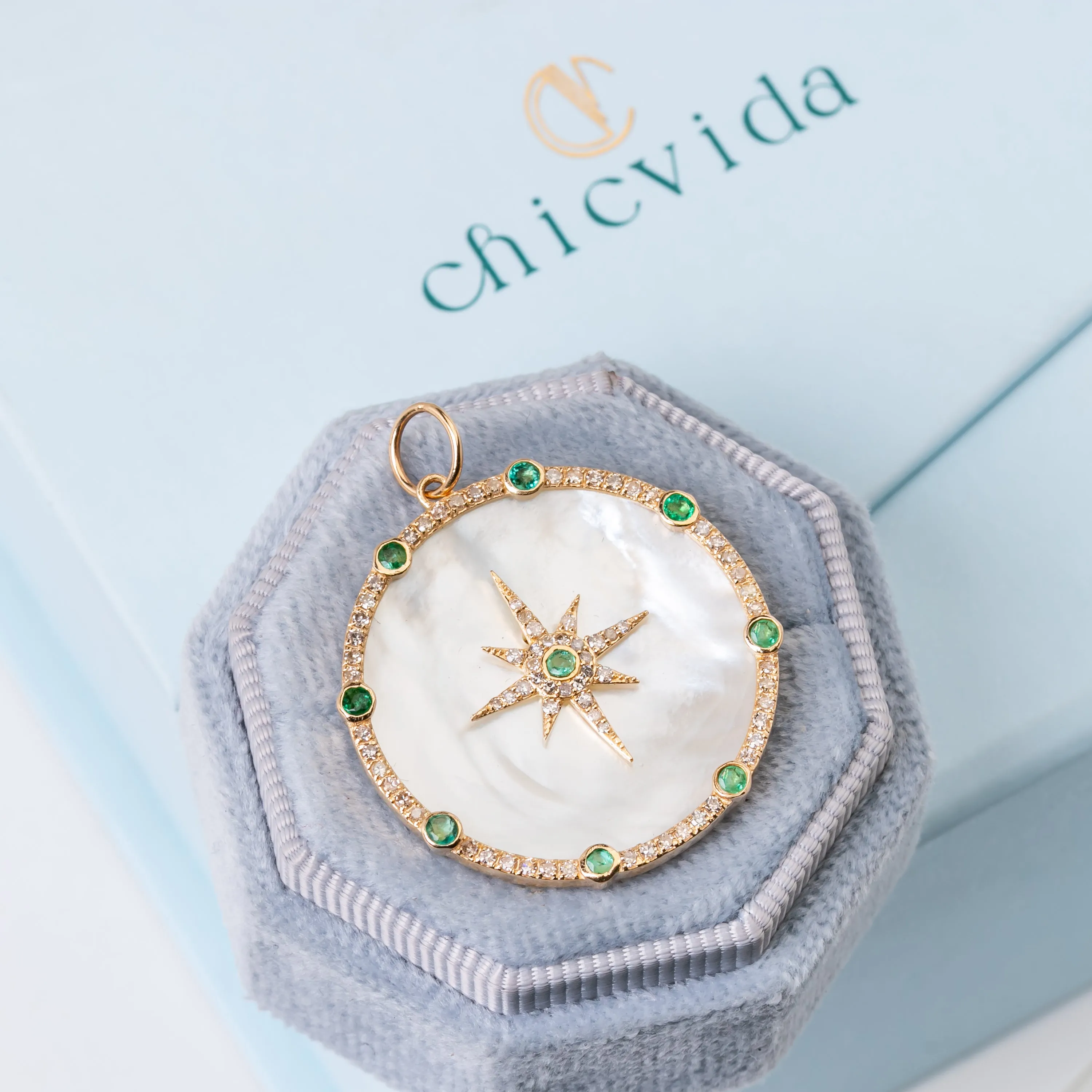 Zizz Emerald & Diamond Halo Pendant with MOP